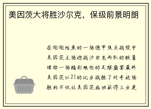 美因茨大将胜沙尔克，保级前景明朗
